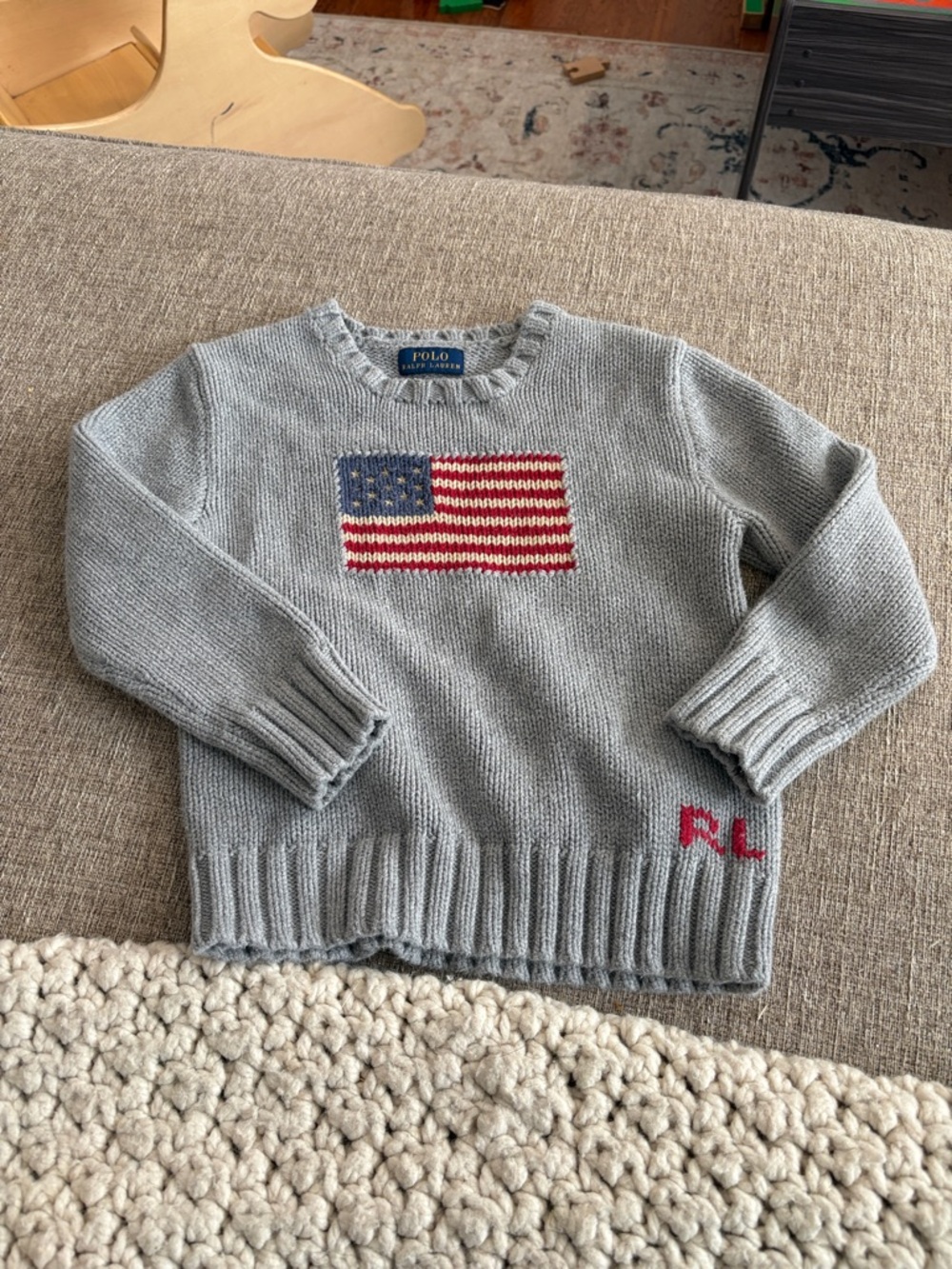 Polo by Ralph Lauren Gray Knit Sweater with Flag and Red RL Detail